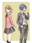  1girl blazer blue_hair brown_hair cardigan hand_in_pocket jacket mysk918 persona persona_3 ribbon school_uniform short_hair skirt takeba_yukari yawning yuuki_makoto 