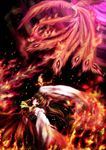  bad_id bad_pixiv_id bird bow brown_hair detached_sleeves fire hair_bow hakurei_reimu highres miyai_haruki ofuda phoenix red_eyes solo touhou 