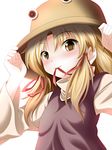  ayase_midori bad_id bad_pixiv_id blonde_hair blush close-up flat_chest hand_on_headwear hat highres looking_down moriya_suwako mouth_hold ribbon ribbon_in_mouth solo touhou yellow_eyes 