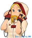  blonde_hair famicom fingerless_gloves game_console gloves hood hoodie kosame_daizu mouth_hold original solo 