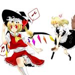  anger_vein annoyed bad_id bad_pixiv_id blonde_hair blush body_blush borrowed_garments braid broom chasing flandre_scarlet hand_on_headwear hat headwear_switch kirisame_marisa kneehighs multiple_girls musical_note one_side_up ponytail red_eyes running short_hair simple_background smile socks theft touhou white_legwear wings witch_hat yellow_eyes yutazou 