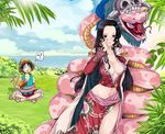  1girl ? bad_id bad_pixiv_id black_hair boa_hancock breasts cleavage earrings gunpei jewelry large_breasts monkey_d_luffy navel one_piece salome_(one_piece) snake 
