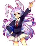  animal_ears blazer bunny_ears colorized hand_on_hip highres jacket long_hair necktie open_mouth pleated_skirt pointing pointing_up purple_hair raraoa_(lalaoa) red_eyes red_neckwear reisen_udongein_inaba skirt solo touhou tsubame_(00riko) 