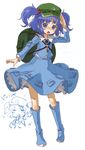  =_= backpack bag blue_eyes blue_hair blush boots full_body hair_bobbles hair_ornament hat kawashiro_nitori key kingin open_mouth petticoat rubber_boots salute short_hair simple_background solo standing touhou twintails two_side_up 
