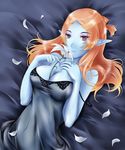  blue_skin breasts cleavage eyeshadow flower large_breasts long_hair makeup microspace midna midna_(true) nail_polish nightgown orange_hair pointy_ears purple_nails red_eyes smile solo spoilers the_legend_of_zelda the_legend_of_zelda:_twilight_princess 
