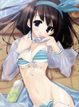  absurdres bikini black_hair blue_eyes blush bottle breasts cleavage front-tie_top hair_ribbon highres long_hair lying open_clothes open_shirt original ribbon shirt side-tie_bikini small_breasts solo striped striped_bikini swimsuit untied urotan wet wet_clothes 