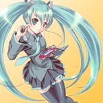  aqua_eyes aqua_hair detached_sleeves green_eyes handheld_game_console hatsune_miku headphones long_hair microspace playstation_portable skirt solo thighhighs twintails very_long_hair vocaloid 