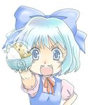  1girl bad_id bad_pixiv_id blue_eyes blue_hair bow cirno curry food frog frozen frozen_frog short_hair solo tori_(aircafe) touhou 