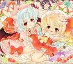  blonde_hair blue_hair blush cake dress flandre_scarlet flower food fruit hat multiple_girls one_side_up pastry red_eyes remilia_scarlet ribbon rose sakurai_tamako shikishi short_hair siblings sisters smile strawberry touhou traditional_media wings 