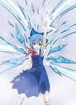  absurdres blue_eyes blue_hair bow cirno dress hair_bow highres ice ribbon satou_samu short_hair solo touhou wings 