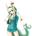  :3 alternate_costume breasts cleavage contemporary dual_persona ex-keine green_hair hood hoodie horn_ribbon horns jacket kamishirasawa_keine kamishirasawa_keine_(hakutaku) kin'iro_sakana-kan large_breasts red_eyes ribbon sukusuku_hakutaku tail touhou 