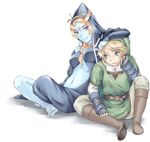  1girl barefoot blonde_hair blue_eyes blue_skin breasts cleavage eyeshadow feet link long_hair makeup medium_breasts microspace midna midna_(true) orange_hair pointy_ears red_eyes spoilers the_legend_of_zelda the_legend_of_zelda:_twilight_princess 