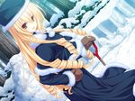  77 blonde_hair coat drill_hair hat highres koshimizu_rin long_hair mikagami_mamizu mittens orange_eyes shovel snow solo 