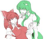  2girls breasts green_eyes green_hair hakurei_reimu huge_breasts kochiya_sanae multiple_girls red_eyes simple_background space_jin touhou 