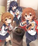  :d akatsuki_(kantai_collection) black_hair black_legwear blue_eyes blush bowl brown_hair chopsticks eating fang feeding folded_ponytail food giving hair_ornament hairclip hat hibiki_(kantai_collection) ikazuchi_(kantai_collection) imagawayaki inazuma_(kantai_collection) kantai_collection loafers long_hair looking_at_viewer multiple_girls open_mouth pantyhose pleated_skirt purple_eyes school_uniform serafuku shiruko_(food) shoes short_hair silver_hair sitting skirt smile steam teapot wagashi yume_no_owari 