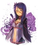  belt breasts capelet cropped_arms hair_ornament highres hitoshi long_hair medium_breasts navel navel_cutout no_legs open_mouth original purple_eyes purple_hair solo upper_body zipper 