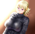  bad_id bad_pixiv_id blonde_hair breasts earrings highres jewelry k.ty_(amejin) large_breasts looking_at_viewer original purple_eyes ribbed_sweater short_hair signature smile solo sweater turtleneck 