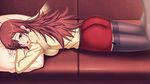  1girl ass blue_eyes blush breast_press breasts brown_hair couch game_cg garter_straps hands highres large_breasts legs long_hair lying massage on_stomach open_mouth pillow saiminbo skirt sofa sumeragi_yuusuke thighhighs thighs 