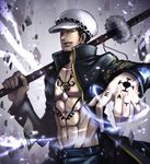  1boy dressrosa earrings fighting_stance hat jacket jewelry magic male_focus nodachi one_piece open_shirt sheathed_sword shirt sword tattoo trafalgar_law weapon yellow_eyes 