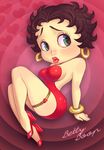  arm_support bad_id bad_pixiv_id bare_shoulders betty_boop betty_boop_(character) bracelet breasts brown_hair character_name dress earrings garters green_eyes heart high_heels hoop_earrings jewelry large_breasts maou_alba red_dress red_footwear shoes short_hair sitting solo 