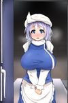  blue_eyes blush breasts huge_breasts hydrant_(kasozama) lavender_hair letty_whiterock looking_at_viewer open_mouth short_hair solo touhou v_arms 