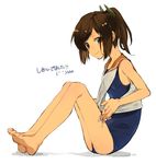  bad_id bad_twitter_id bare_legs barefoot brown_eyes brown_hair full_body hita_(hitapita) i-401_(kantai_collection) kantai_collection knees_up legs_together long_legs looking_at_viewer one-piece_swimsuit ponytail sailor_collar school_swimsuit short_hair simple_background sitting smile solo swimsuit swimsuit_under_clothes white_background 