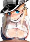  1girl aqua_eyes blonde_hair blush breast_squeeze breasts cleavage cleavage_cutout cum cum_on_body cum_on_breasts cum_on_upper_body denim han_(jackpot) hat hetero jeans kantai_collection large_breasts looking_at_viewer meme_attire open-chest_sweater out_of_frame paizuri pants peaked_cap penis pov prinz_eugen_(kantai_collection) ribbed_sweater sailor_hat solo_focus sweater turtleneck 