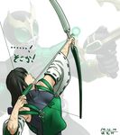  aiming alternate_color archery arrow black_hair bow_(weapon) breasts detached_sleeves drawing_bow green_eyes hair_ribbon holding holding_arrow holding_bow_(weapon) holding_weapon kamen_rider kamen_rider_kuuga kamen_rider_kuuga_(series) large_breasts leotard long_hair low_twintails m.u.g.e.n nontraditional_miko original projected_inset ribbon scar sendai_hakurei_no_miko solo_focus taikyokuturugi twintails weapon wide_sleeves 