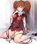  blue_eyes blush breasts brown_hair medium_breasts morisova rope rope_marks solo twintails 