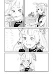  :d bangs blunt_bangs blush cake comic crossed_arms dress eating eyebrows food full-face_blush gloves greyscale hair_ribbon kantai_collection long_hair monochrome murakumo_(kantai_collection) nathaniel_pennel necktie open_mouth ribbon sailor_dress silent_comic simple_background smile thick_eyebrows white_background 