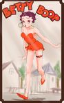  bare_shoulders betty_boop betty_boop_(character) black_hair border breasts character_name cocktail_dress dress earrings heart highres hoop_earrings jewelry long_legs red_dress red_eyes red_footwear running shoes short_hair solo strapless strapless_dress thigh_strap yossan 