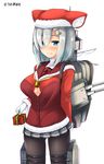  black_legwear blouse blue_eyes box breasts cannon cleavage_cutout gift gift_box gloves hair_ornament hair_over_one_eye hairclip hamakaze_(kantai_collection) hat jacket kantai_collection large_breasts pantyhose pleated_skirt santa_costume santa_hat short_hair silver_hair skirt solo torpedo turret uni8 white_gloves 
