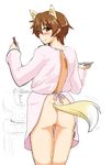  animal_ears apron ass blush brown_eyes brown_hair cooking extra_ears fox_ears fox_tail from_behind holding kappougi katou_keiko kunashiri_(etorofu) long_sleeves looking_back naked_apron naked_kappougi plate pot pussy short_hair solo tail uncensored world_witches_series 