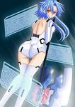  1girl ass axe back bare_shoulders blanc blue_hair blush bodysuit choujigen_game_neptune compile_heart elbow_gloves female from_behind gloves idea_factory long_hair looking_at_viewer looking_back neptune_(series) red_eyes seraphina smile solo symbol-shaped_pupils thighhighs turning_head weapon white_heart white_legwear 