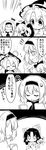  &gt;_&lt; /\/\/\ 4girls 4koma ^_^ alice_margatroid ascot bandaid blush_stickers bow braid clenched_hand closed_eyes comic commentary cup detached_sleeves doll dress embarrassed flying_sweatdrops frills futa_(nabezoko) greyscale hair_bow hair_ribbon hair_tubes hairband hakurei_reimu happy hat hat_bow head_bump highres implied_pantyshot injury jitome kirisame_marisa long_hair monochrome multiple_girls open_mouth ribbon shanghai_doll sweatdrop teacup tears touhou translated truth witch_hat 