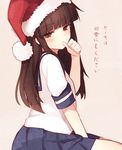  bad_id bad_twitter_id bangs black_eyes black_hair blunt_bangs hat hatsuyuki_(kantai_collection) kantai_collection long_hair sakura_yuki_(clochette) santa_hat school_uniform serafuku short_sleeves skirt solo thumb_sucking 