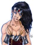  1girl amazon armor bare_shoulders black_hair blue_eyes breasts cleavage dc_comics earrings jewelry lasso rope simple_background sleeveless solo star strapless tiara vambraces vashperado white_background wonder_woman wonder_woman_(series) 