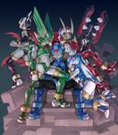  4boys android armor blue_eyes copy_x fafnir gloves green_eyes harpuia helmet highres indesign leviathan_(rockman) md5_mismatch multiple_boys phantom_(rockman) red_eyes rockman rockman_zero sword weapon 