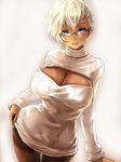  black_legwear blonde_hair blue_eyes blush breasts cleavage cleavage_cutout dark_skin gin_ji glasses large_breasts looking_at_viewer meme_attire open-chest_sweater original pantyhose ribbed_sweater short_hair simple_background smile solo sweater thighband_pantyhose turtleneck 