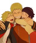  2boys black_hair blonde_hair cape closed_eyes facial_mark father_and_daughter father_and_son grin happy hug kirono multiple_boys naruto naruto_(series) short_hair siblings smile uzumaki_boruto uzumaki_himawari uzumaki_naruto 