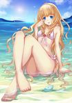  amagi_brilliant_park beach bikini blonde_hair blue_eyes crossed_legs day highres latifa_fleuranza long_hair looking_at_viewer ocean sitting sitting_on_water smile swimsuit tanotomoe tiara very_long_hair 