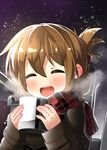  bell_(oppore_coppore) blush brown_hair cannon closed_eyes coffee_mug cup hair_up highres inazuma_(kantai_collection) jacket jewelry kantai_collection long_sleeves looking_at_viewer mug open_mouth ring scarf smile snowing solo upper_body wedding_band 