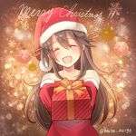  :d ^_^ bare_shoulders black_hair blush christmas closed_eyes collarbone detached_sleeves gift gloves haruna_(kantai_collection) headgear kantai_collection long_hair open_mouth outstretched_arms red_gloves santa_costume serino_itsuki smile solo twitter_username upper_body 
