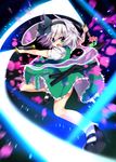  bad_id bad_pixiv_id black_hairband blue_eyes cherry_blossoms dual_wielding flower hair_ribbon hairband hat hitodama holding katana konpaku_youmu konpaku_youmu_(ghost) motion_blur nekoboshi_sakko ribbon short_hair silver_hair skirt skirt_set slashing solo sword touhou wakizashi weapon 