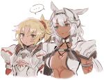  2girls animal_ears armor bangs blonde_hair blue_eyes braid breasts caenis_(fate) cleavage commentary_request dark_skin fate/apocrypha fate/grand_order fate_(series) french_braid gauntlets green_eyes hair_intakes hair_ornament hair_scrunchie hairband headgear large_breasts long_hair mordred_(fate) mordred_(fate)_(all) multiple_girls pixiv_fate/grand_order_contest_2 red_scrunchie roby_(lilirenzu) scrunchie shoulder_armor solo tattoo upper_body white_background white_hair 