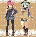  alternate_costume bad_id bad_pixiv_id bag black_legwear blush boots cardigan checkered checkered_skirt contemporary eyeball full_body greatmosu green_eyes green_hair hairband hand_on_hip handbag hat hat_ribbon heart heart_of_string highres jacket kneehighs komeiji_koishi komeiji_satori long_sleeves looking_at_viewer multiple_girls one_eye_closed open_mouth pantyhose pink_eyes pink_hair plaid plaid_scarf ribbon scarf shirt short_hair siblings sisters skirt smile string third_eye touhou winter_clothes 