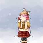  alternate_costume animal_ears black_legwear boots checkered checkered_shirt closed_eyes covered_mouth covering_ears fur_coat fur_trim hat mittens mystia_lorelei pink_hair scarf scarf_over_mouth shirt short_hair snow snowing solo touhou trembling wings winter_clothes yaise 