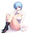  2014 artist_name ayanami_rei bad_id bad_pixiv_id black_legwear blue_hair bottomless breasts cleavage_cutout dated expressionless full_body jewelry large_breasts long_sleeves looking_at_viewer matsuki_ringo meme_attire necklace neon_genesis_evangelion open-chest_sweater red_eyes ribbed_sweater short_hair signature simple_background sitting sleeves_past_wrists socks solo sweater turtleneck white_background 