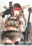  anti-materiel_rifle armband artist_name assault_rifle belt belt_pouch black_legwear combat_girls_regiment cowboy_shot from_below gloves gun hat headset holding kws load_bearing_vest long_hair looking_at_viewer midriff military navel original ponytail pouch radio red_eyes red_hair rifle short_shorts shorts snap-fit_buckle sniper_rifle solo thighhighs weapon 