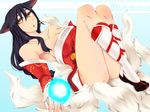  1girl ahri animal_ears artist_request bare_shoulders black_hair breasts cleavage energy_ball fox_ears fox_tail kitsunemimi league_of_legends long_hair open_mouth ribbon skirt solo tail yellow_eyes 